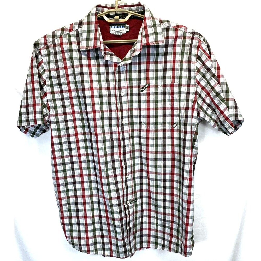 Ecko Unltd. Men's Classic Short Sleeve Button Green/Red/White Plaid Logo RN93536